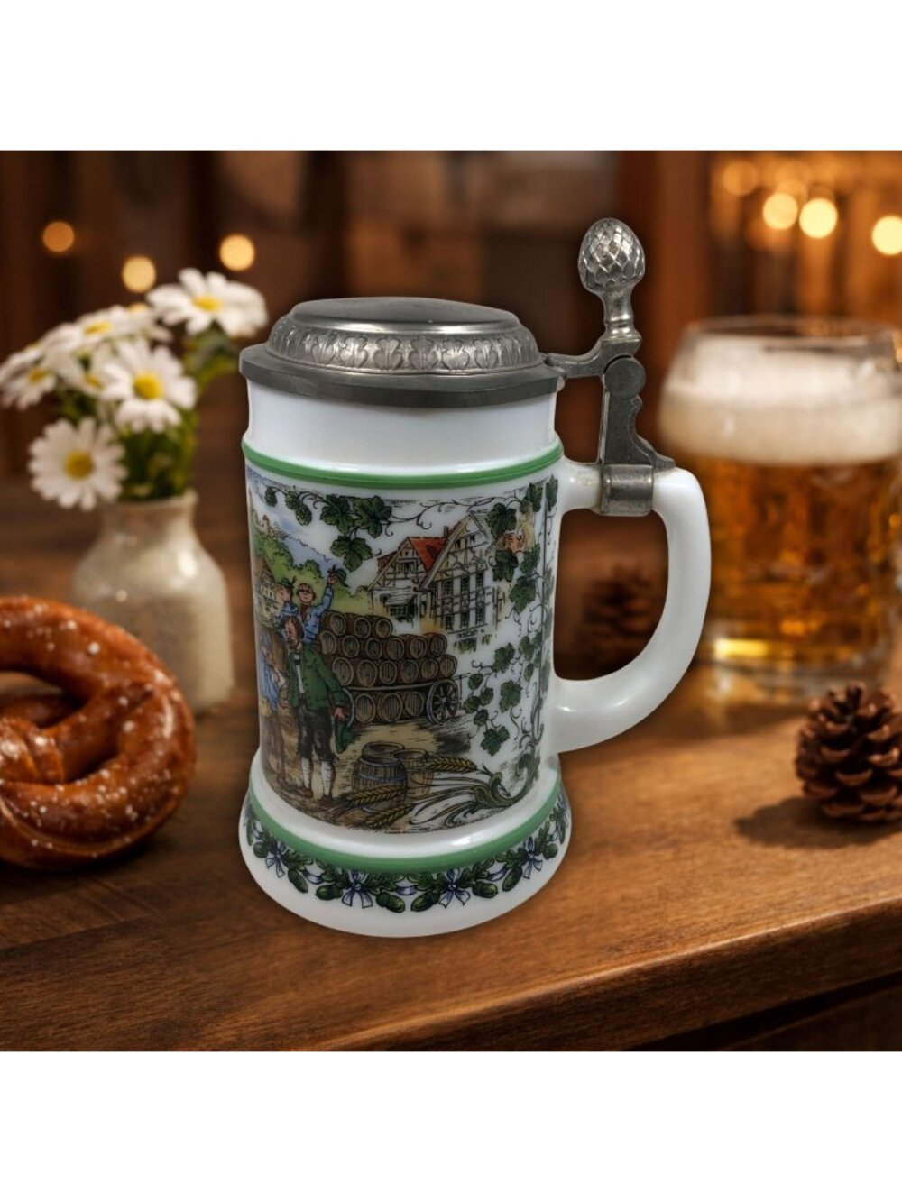 Vintage German Beer Stein with Pewter Lid Lidded Mug Brewery Scene Collectible